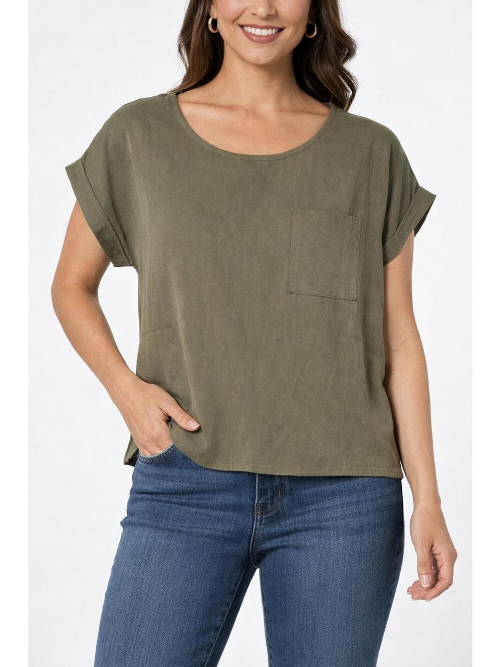 NWT Six/Fifty Olive Short Sleeve Pocket Back Blouse Size XS